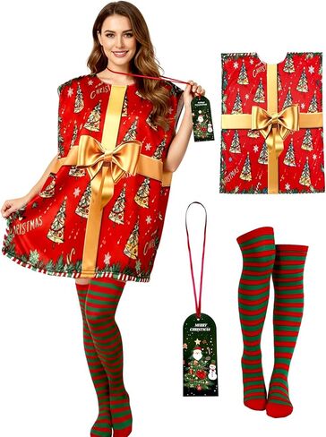Candy Cane Costume Christmas Costumes Present Poncho With Stockings Women Funny Dress Cosplay Outfit in Saudi Arabia