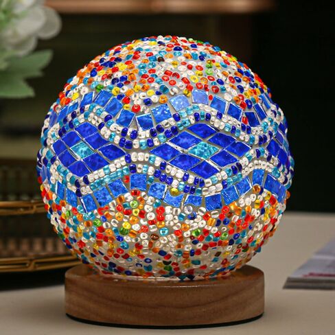 Turkish Table lamp (D:4.7" x H:5.2"),Mosaic Glass Lamps with Wooden Base, Bohemian Tiffany Bedside Lamps, USB Power Moroccan Lantern for Living Room Halloween Decorations (Baroque - Blue, Baroque) in Saudi Arabia