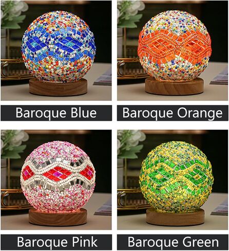 Turkish Table lamp (D:4.7" x H:5.2"),Mosaic Glass Lamps with Wooden Base, Bohemian Tiffany Bedside Lamps, USB Power Moroccan Lantern for Living Room Halloween Decorations (Baroque - Blue, Baroque) in Saudi Arabia