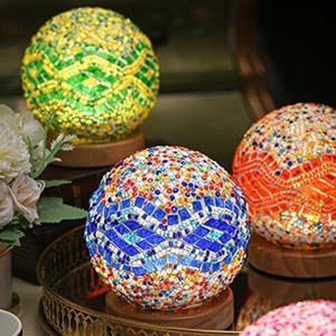 Turkish Table lamp (D:4.7" x H:5.2"),Mosaic Glass Lamps with Wooden Base, Bohemian Tiffany Bedside Lamps, USB Power Moroccan Lantern for Living Room Halloween Decorations (Baroque - Blue, Baroque) in Saudi Arabia