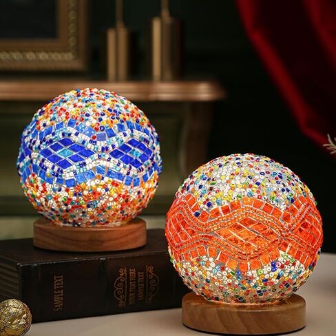 Turkish Table lamp (D:4.7" x H:5.2"),Mosaic Glass Lamps with Wooden Base, Bohemian Tiffany Bedside Lamps, USB Power Moroccan Lantern for Living Room Halloween Decorations (Baroque - Blue, Baroque) in Saudi Arabia