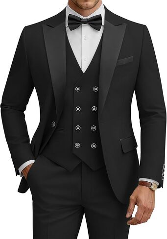 WULFUL Men's 3 Piece Suits Slim Fit Tuxedo Suit Set Double Breasted Suit Jacket Vest Pants Set for Wedding Prom in Saudi Arabia