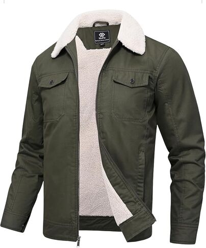 MoFiz Men's Sherpa Lined Cotton Cargo Jacket Turn-down Collar Work Jacket for Men Zip Up Mens Winter Coat with Multi Pockets in Saudi Arabia