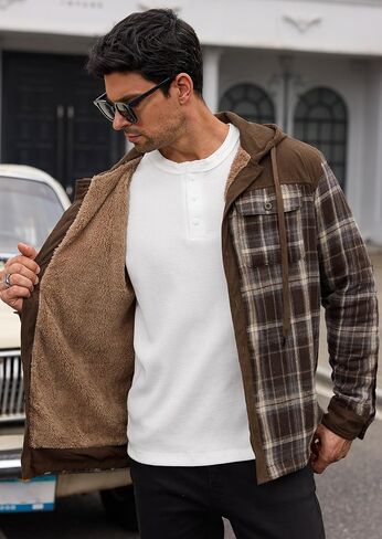 Men’s Plaid Flannel Jacket Warm Sherpa-Lined Button Down Corduroy Hoodie (S-XXL) in Saudi Arabia