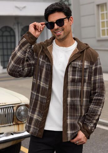 Men’s Plaid Flannel Jacket Warm Sherpa-Lined Button Down Corduroy Hoodie (S-XXL) in Saudi Arabia