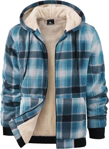 Little Beauty Zip Up Hoodies for Men Sherpa Lined Flannel Jacket Winter Warm Plaid Coat with Pocket in Saudi Arabia
