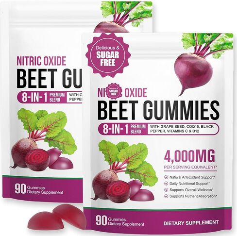 Super Beetroot Gummies, 8 in 1 Beet Root 4,000mg with Grape Seed Extract & CoQ10, Sugar Free - 90 Count (1) in Saudi Arabia