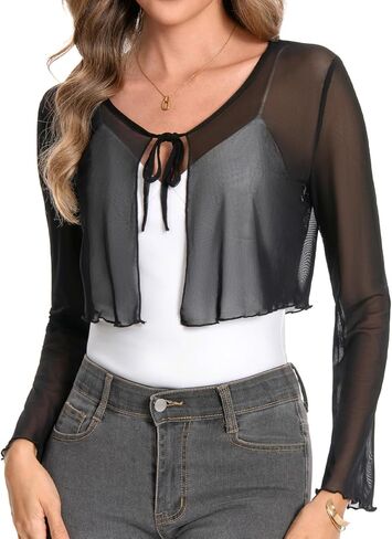 سترة نسائية شبكية ذات ربطة عنق أمامية قصيرة بوليرو بأكمام طويلة وشال شفاف لفستان السهرة in Kuwait