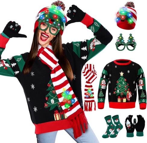 6 Pack Ugly Christmas Sweater Set Unisex Christmas Gloves Socks LED Knitted Hat and Scarf Eyeglasses Frames in Saudi Arabia