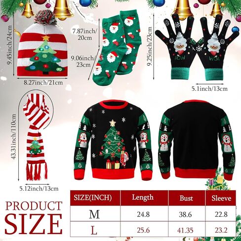 6 Pack Ugly Christmas Sweater Set Unisex Christmas Gloves Socks LED Knitted Hat and Scarf Eyeglasses Frames in Saudi Arabia