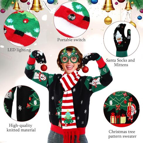 6 Pack Ugly Christmas Sweater Set Unisex Christmas Gloves Socks LED Knitted Hat and Scarf Eyeglasses Frames in Saudi Arabia