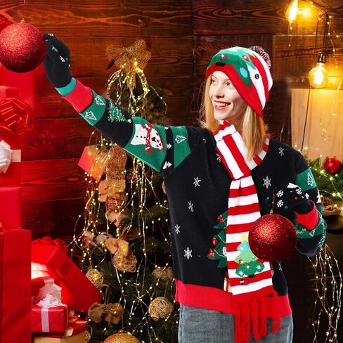 6 Pack Ugly Christmas Sweater Set Unisex Christmas Gloves Socks LED Knitted Hat and Scarf Eyeglasses Frames in Saudi Arabia