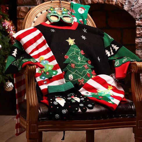 6 Pack Ugly Christmas Sweater Set Unisex Christmas Gloves Socks LED Knitted Hat and Scarf Eyeglasses Frames in Saudi Arabia