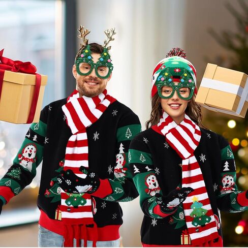 6 Pack Ugly Christmas Sweater Set Unisex Christmas Gloves Socks LED Knitted Hat and Scarf Eyeglasses Frames in Saudi Arabia