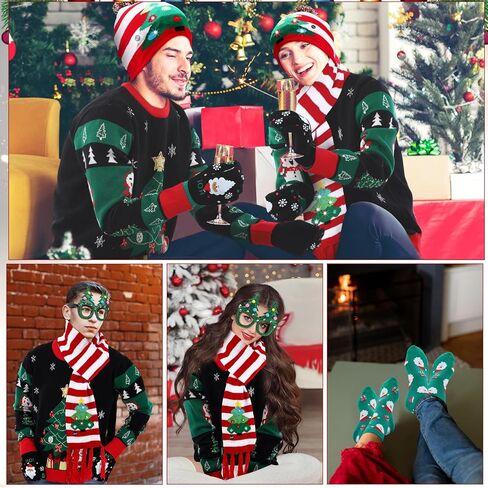 6 Pack Ugly Christmas Sweater Set Unisex Christmas Gloves Socks LED Knitted Hat and Scarf Eyeglasses Frames in Saudi Arabia