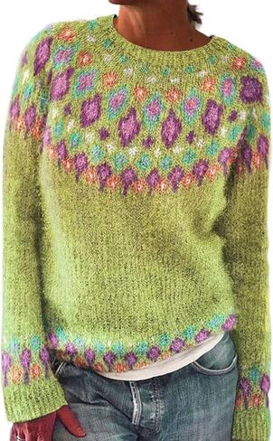 سترة نسائية من Fair Isle بأكمام طويلة ورقبة دائرية محبوكة سترة نسائية بلوفر ملابس ملابس شتوية 2025 in Saudi Arabia