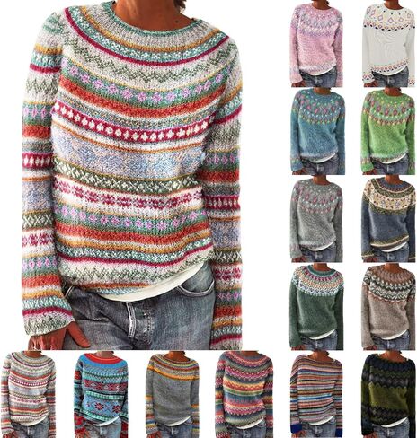 سترة نسائية من Fair Isle بأكمام طويلة ورقبة دائرية محبوكة سترة نسائية بلوفر ملابس ملابس شتوية 2025 in Saudi Arabia