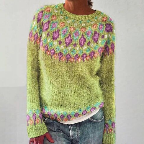 سترة نسائية من Fair Isle بأكمام طويلة ورقبة دائرية محبوكة سترة نسائية بلوفر ملابس ملابس شتوية 2025 in Saudi Arabia