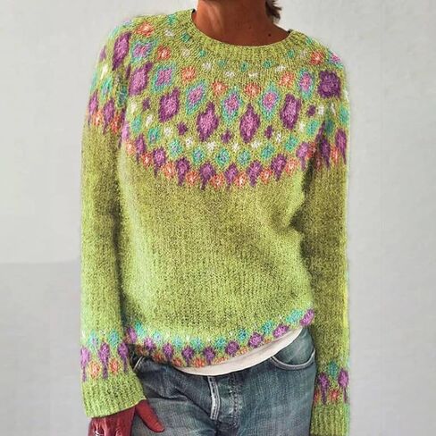 سترة نسائية من Fair Isle بأكمام طويلة ورقبة دائرية محبوكة سترة نسائية بلوفر ملابس ملابس شتوية 2025 in Saudi Arabia
