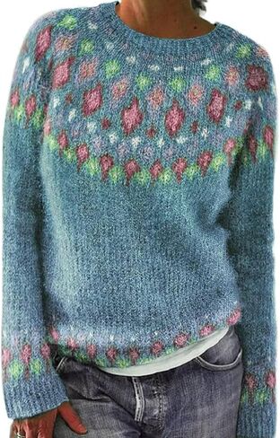 سترة نسائية من Fair Isle بأكمام طويلة ورقبة دائرية محبوكة سترة نسائية بلوفر ملابس ملابس شتوية 2025 in Saudi Arabia