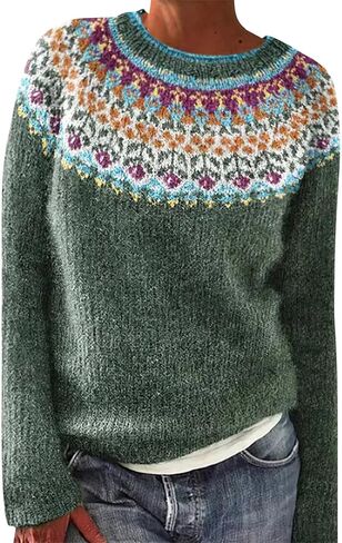 سترة نسائية من Fair Isle بأكمام طويلة ورقبة دائرية محبوكة سترة نسائية بلوفر ملابس ملابس شتوية 2025 in Saudi Arabia