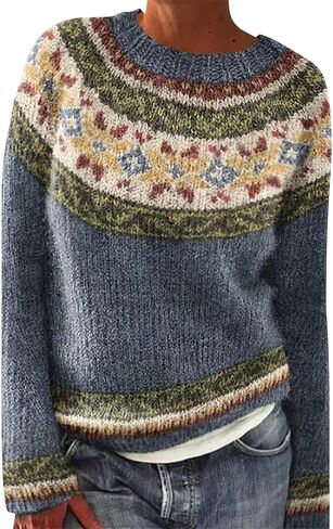 سترة نسائية من Fair Isle بأكمام طويلة ورقبة دائرية محبوكة سترة نسائية بلوفر ملابس ملابس شتوية 2025 in Saudi Arabia