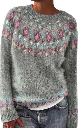 سترة نسائية من Fair Isle بأكمام طويلة ورقبة دائرية محبوكة سترة نسائية بلوفر ملابس ملابس شتوية 2025 in Saudi Arabia