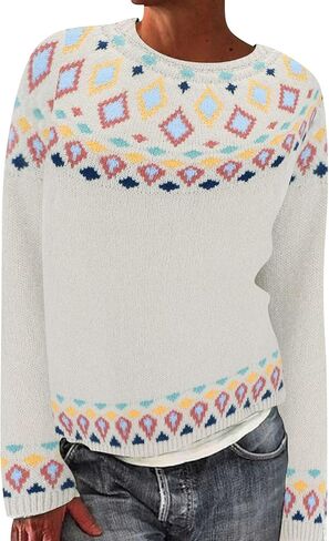 سترة نسائية من Fair Isle بأكمام طويلة ورقبة دائرية محبوكة سترة نسائية بلوفر ملابس ملابس شتوية 2025 in Saudi Arabia