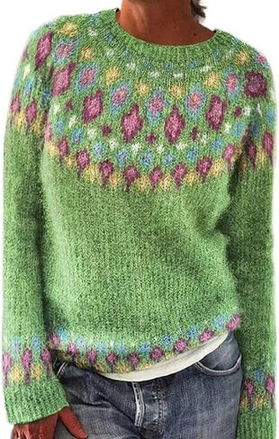 سترة نسائية من Fair Isle بأكمام طويلة ورقبة دائرية محبوكة سترة نسائية بلوفر ملابس ملابس شتوية 2025 in Saudi Arabia