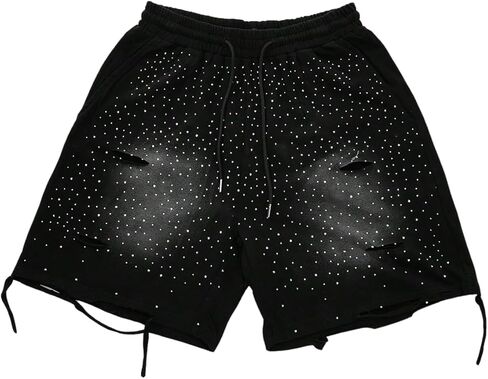 Men's Glitter Rhinestone Ripped Shorts Drawstring Waist Wide Leg Party Shorts with Pockets in Kuwait