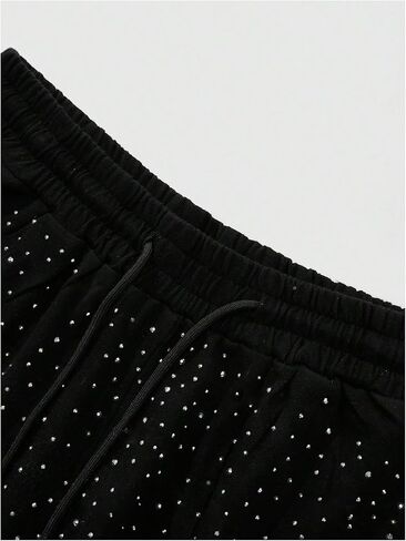 Men's Glitter Rhinestone Ripped Shorts Drawstring Waist Wide Leg Party Shorts with Pockets in Kuwait