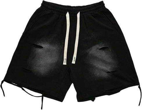 Men's Glitter Rhinestone Ripped Shorts Drawstring Waist Wide Leg Party Shorts with Pockets in Kuwait