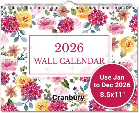 Cranbury Wall Calendar 2025-2026 8.5x11", Use Now to Dec 2026, Beautiful Floral Designs, Thick Paper, Large Daily Squares, Sturdy Spiral Binding, Use on Wall Lay or Flat as Monthly Desk Calendar in Kuwait