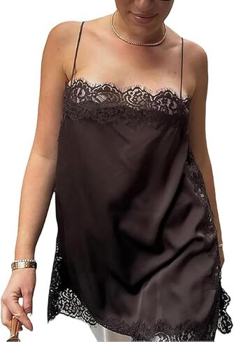 Women Satin Tops Slik Lace Patchwork High Low Square Neck Spaghetti Strap Tank Top Cami Lace Tunic Undershirt in Saudi Arabia