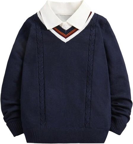 Floerns Boy's Striped V Neck Sweater Long Sleeve Cable Knit Casual Pullover Sweaters in Saudi Arabia