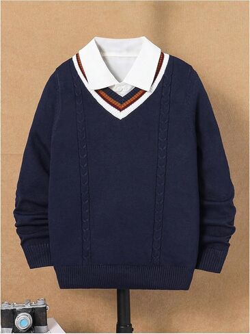 Floerns Boy's Striped V Neck Sweater Long Sleeve Cable Knit Casual Pullover Sweaters in Saudi Arabia