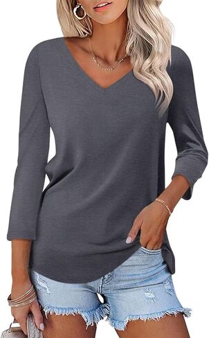 ORANDESIGNE Women's 3/4 Sleeves V Neck T Shirts Color Block Casual Summer Tops Fashion Loose Shirts Tees in Kuwait