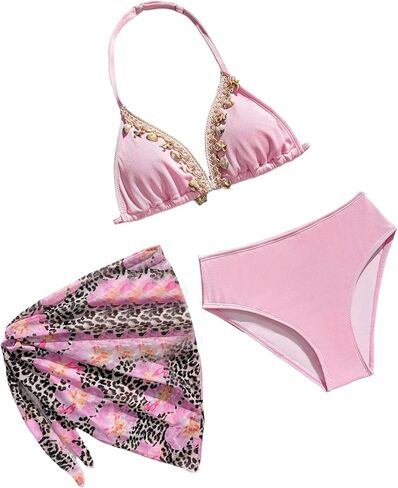 SHENHE Girl's Swimsuits 3 Piece Bathing Suits with Cover Up Halter Triangle Seashell Bikini Swimwear in Saudi Arabia