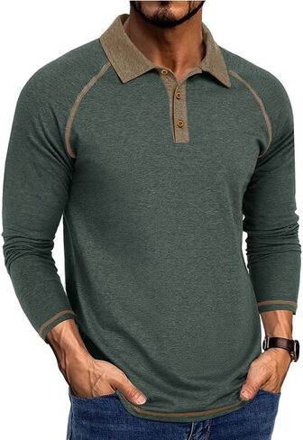 Mens Long Sleeve Polo Shirt Casual Contrast Button Tee Lightweight Pullover T-Shirts for Everyday Wear in Saudi Arabia