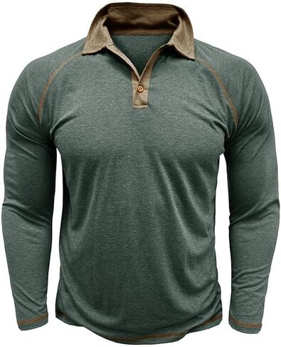 Mens Long Sleeve Polo Shirt Casual Contrast Button Tee Lightweight Pullover T-Shirts for Everyday Wear in Saudi Arabia