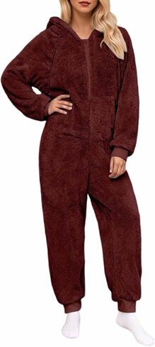 Onesie Pajamas for Women Fleece Fuzzy Hooded Jumpsuit Thermal One Piece Sleepwear Adult Winter Rompers with Pockets in Saudi Arabia