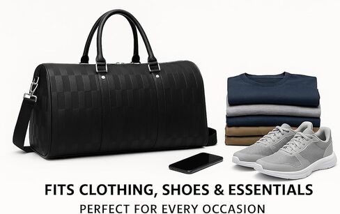 حقيبة فاخرة من الجلد المنسوج باللون الأسود لعطلة نهاية الأسبوع - حقيبة سفر للرجال، حقيبة كبيرة طوال الليل مع مقابض وحزام كتف قابل للتعديل. in Kuwait