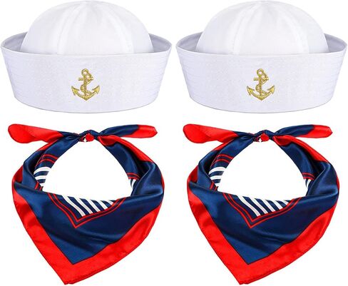 قبعة كابتن اليخت، قبعة سفينة البحارة، وشاح، قبعة البحارة، زي القارب للرجال والنساء، والحفلات (sailor4pcs)، أبيض in Kuwait
