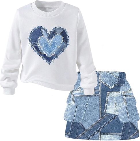 Floerns Girl's 2 Piece Fall Outfits Heart Graphic Crewneck Sweatshirt and A Line Cargo Skirt Set in Saudi Arabia