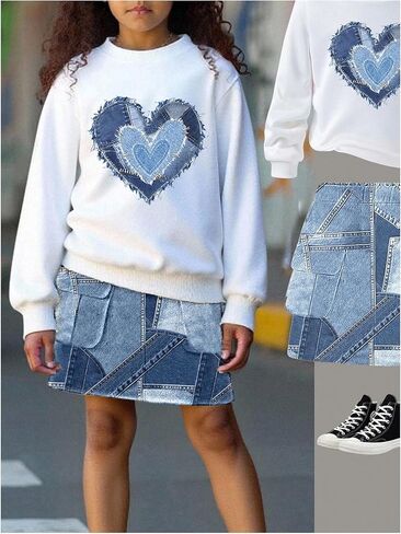 Floerns Girl's 2 Piece Fall Outfits Heart Graphic Crewneck Sweatshirt and A Line Cargo Skirt Set in Saudi Arabia