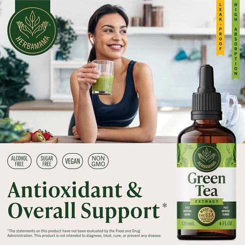 HERBAMAMA Green Tea Drops - Vegan Antioxidant & Overall Support with Green Tea Extract Liquid Tincture - Non-GMO, Alcohol & Sugar-Free Camellia Sinensis Supplement, 84-Day Supply in Saudi Arabia
