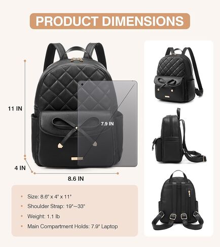 Marvolia Mini Backpack for Women and Girls - Leather Backpack with Cute Bowknot Quilted Small Backpacks for Shopping Travel School - Black in Kuwait