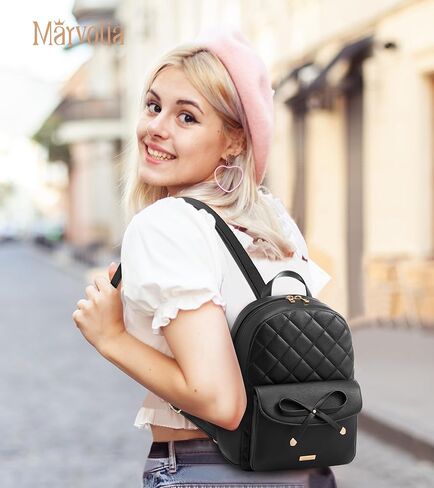 Marvolia Mini Backpack for Women and Girls - Leather Backpack with Cute Bowknot Quilted Small Backpacks for Shopping Travel School - Black in Kuwait