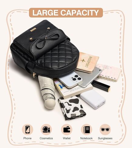 Marvolia Mini Backpack for Women and Girls - Leather Backpack with Cute Bowknot Quilted Small Backpacks for Shopping Travel School - Black in Kuwait