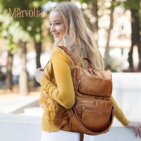 Marvolia PU Leather Backpack for Women - Vintage Womens Backpacks with Wristlet Convertible Crossbody Shoulder Bag for Daily Use Work Party - Brown in Kuwait